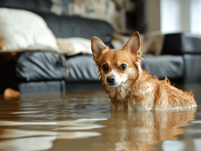 Hund in überschwemmten Wohnzimmer